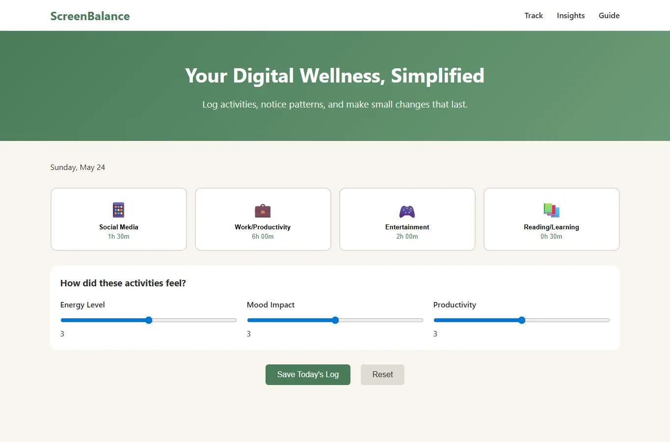 Screenshot of ScreenBalance: Digital Wellness Assistant interface showing the project page in use